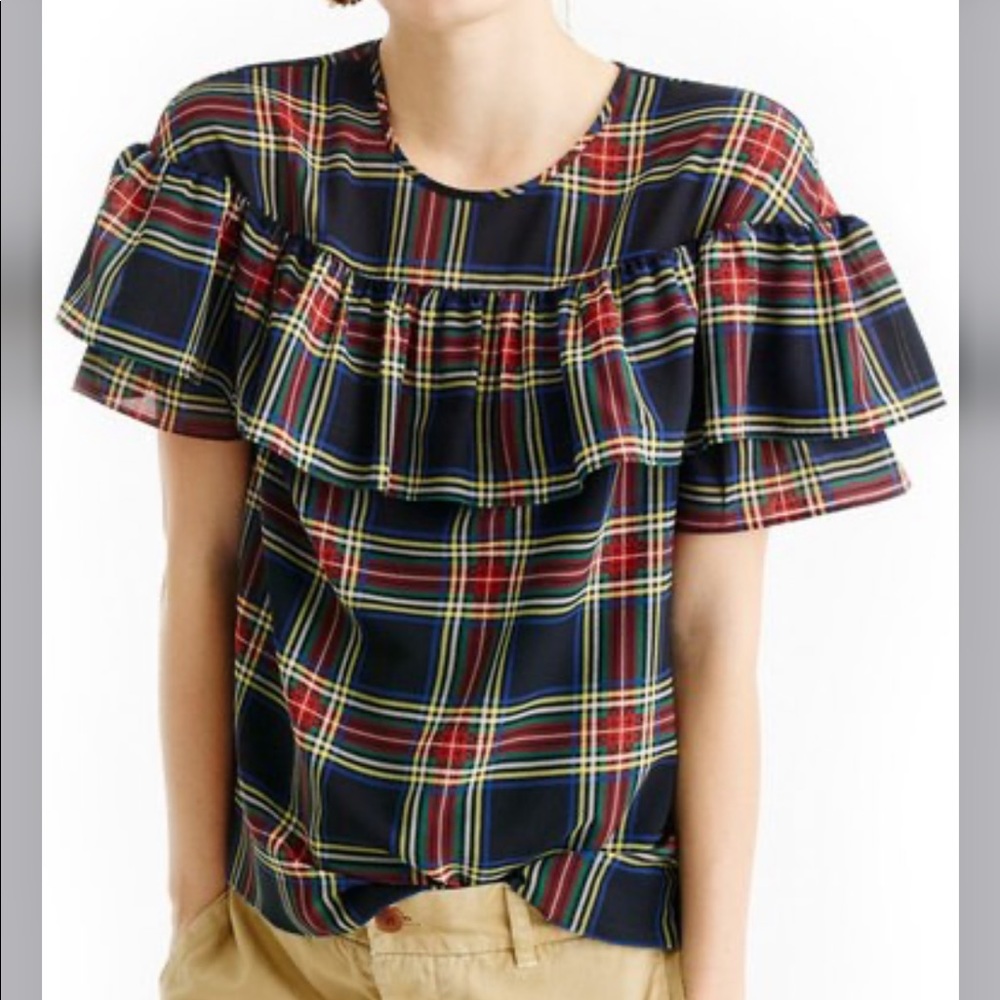 ❤️ J Crew Edie Stewart Plaid Ruffle Top Blouse Tartan shirt J.Crew PREPPY XS 00